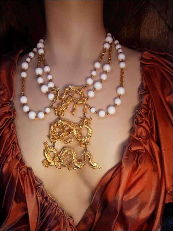 Vintage SIgned Vogue HUGE dragon necklace statement piece with festoon swags