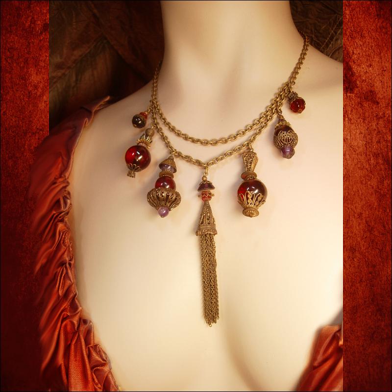 Antique Garnet Red Victorian Fob Czech Necklace Dramatic Brass fringe