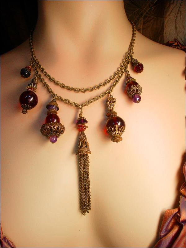 Antique Garnet Red Victorian Fob Czech Necklace Dramatic Brass fringe