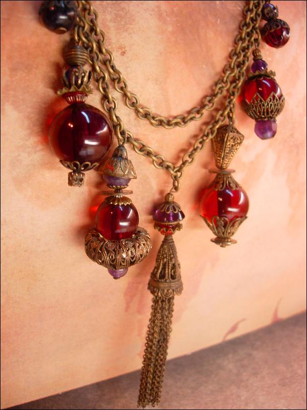 Antique Garnet Red Victorian Fob Czech Necklace Dramatic Brass fringe