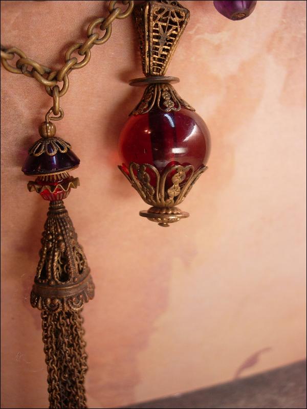 Antique Garnet Red Victorian Fob Czech Necklace Dramatic Brass fringe