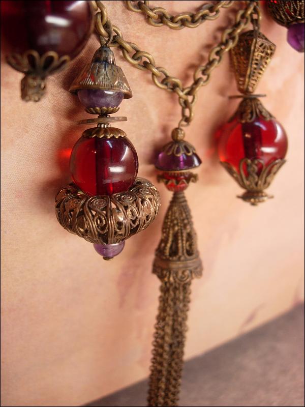 Antique Garnet Red Victorian Fob Czech Necklace Dramatic Brass fringe