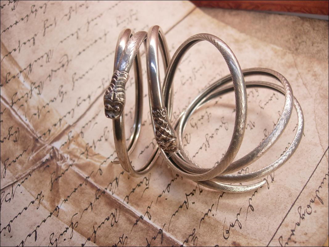 Antique sterling SNAKE bracelets Pair of 4 & 2 Coil Serpents and silver gypsy fortune teller