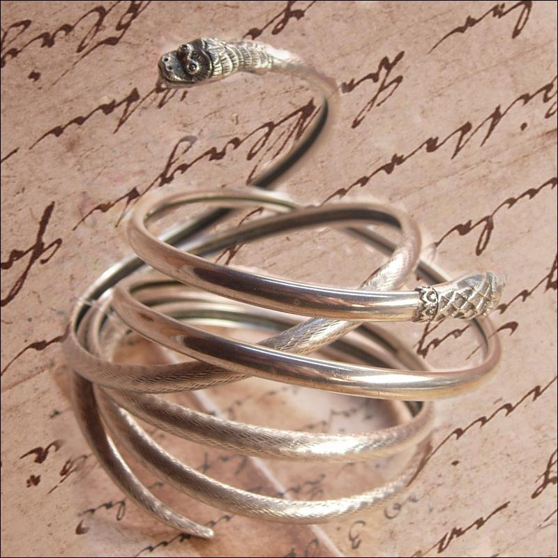 Antique sterling SNAKE bracelets Pair of 4 & 2 Coil Serpents and silver gypsy fortune teller