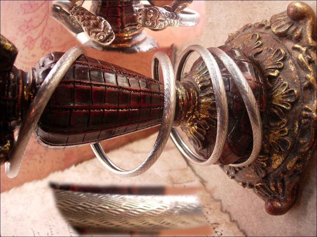 Antique sterling SNAKE bracelets Pair of 4 & 2 Coil Serpents and silver gypsy fortune teller