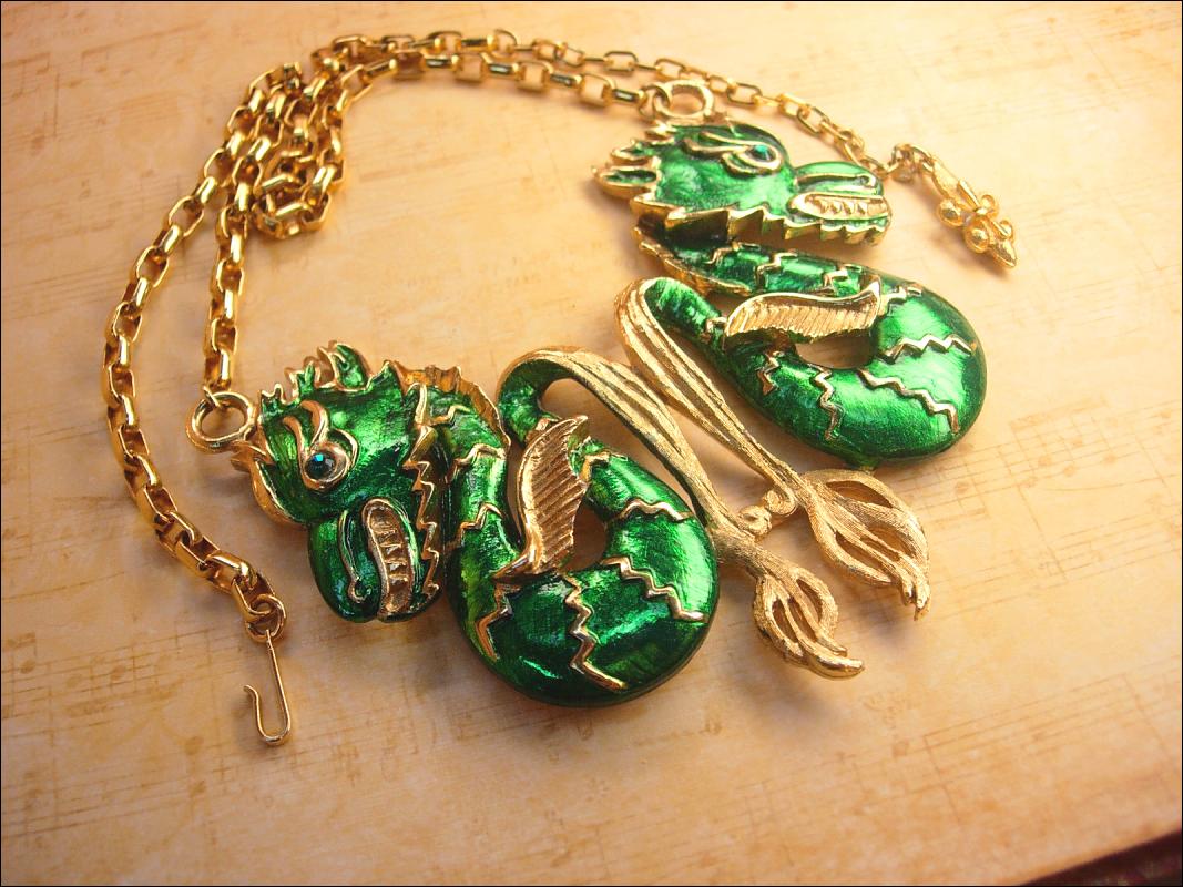 Vintage Enamel HUGE Chinese jeweled eye Dragon Necklace Signed Vendome