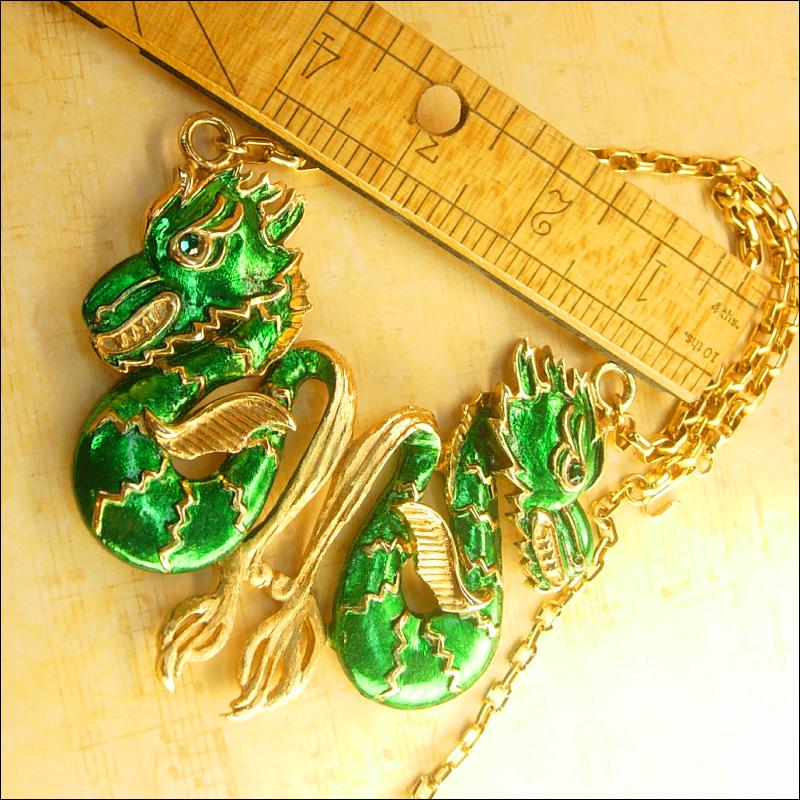 Vintage Enamel HUGE Chinese jeweled eye Dragon Necklace Signed Vendome