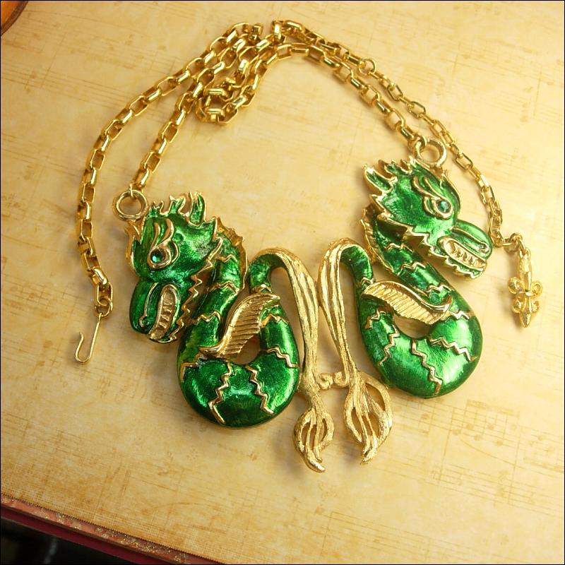 Vintage Enamel HUGE Chinese jeweled eye Dragon Necklace Signed Vendome