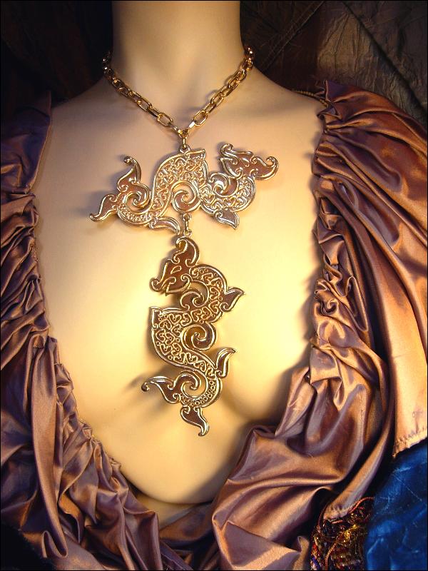 HUGe Runway Signed Double Dragon Super long Necklace Napier