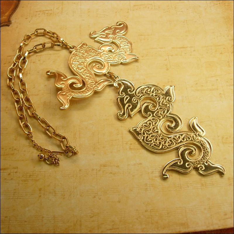 HUGe Runway Signed Double Dragon Super long Necklace Napier