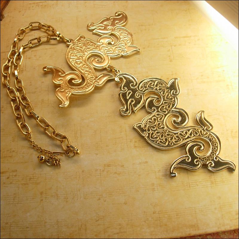 HUGe Runway Signed Double Dragon Super long Necklace Napier