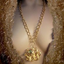 Vintage Signed Green Eyed Dragon huge chinese pendant on long fancy chain Lisner