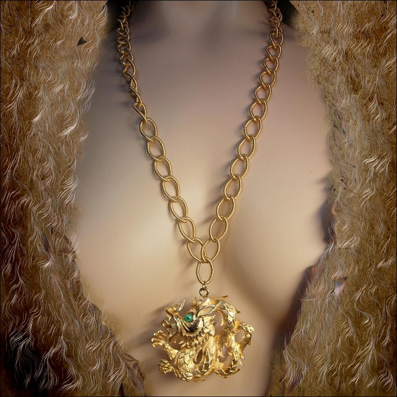 Vintage Signed Green Eyed Dragon huge chinese pendant on long fancy chain Lisner