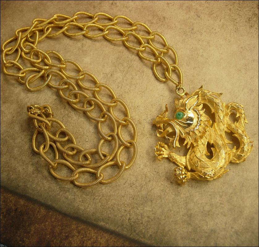 Vintage Signed Green Eyed Dragon huge chinese pendant on long fancy chain Lisner
