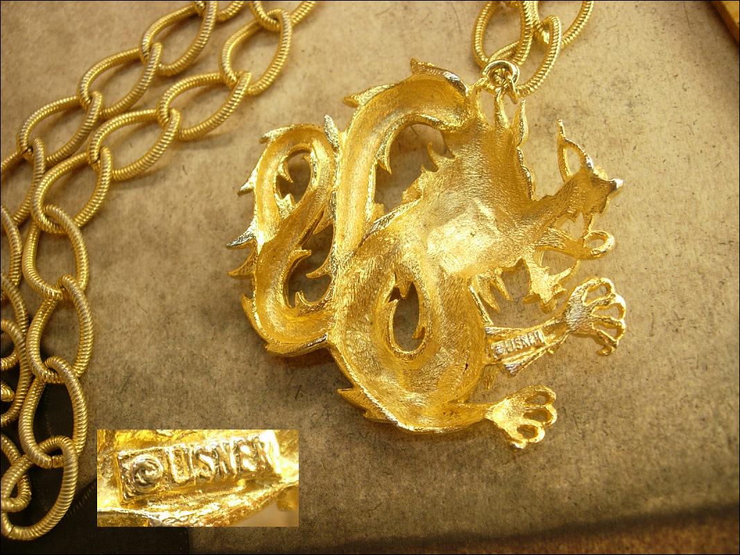 Vintage Signed Green Eyed Dragon huge chinese pendant on long fancy chain Lisner