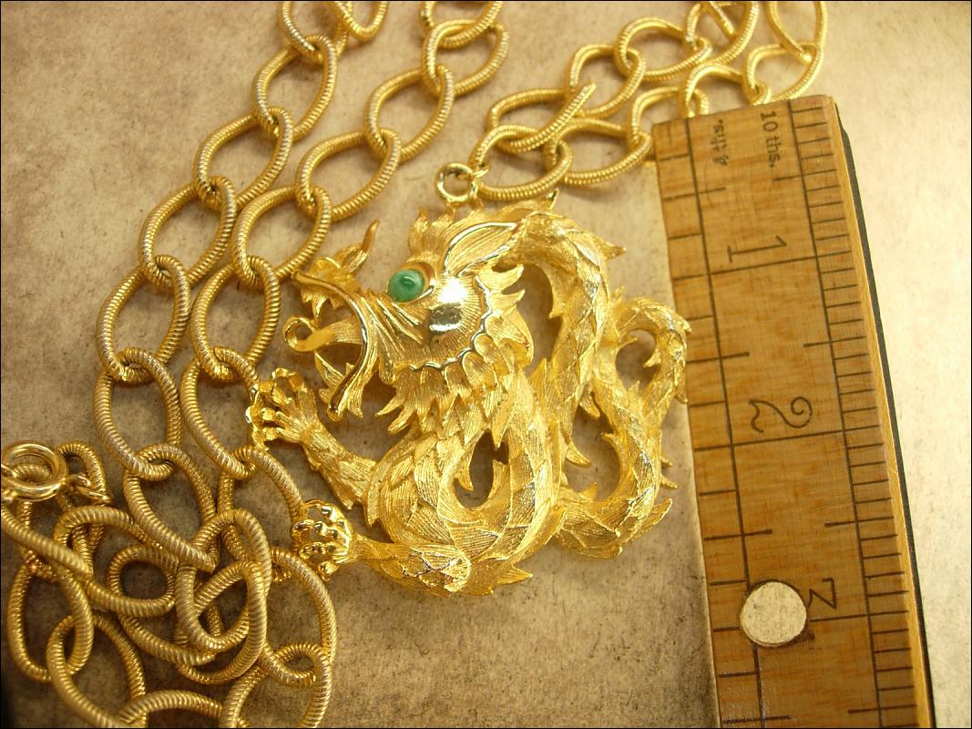Vintage Signed Green Eyed Dragon huge chinese pendant on long fancy chain Lisner
