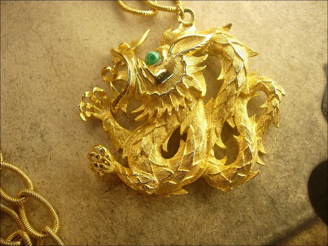 Vintage Signed Green Eyed Dragon huge chinese pendant on long fancy chain Lisner