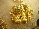 Vintage Signed Green Eyed Dragon huge chinese pendant on long fancy chain Lisner