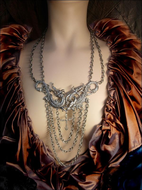 Huge Gothic Dragon medieval cross chandelier necklace statement necklace
