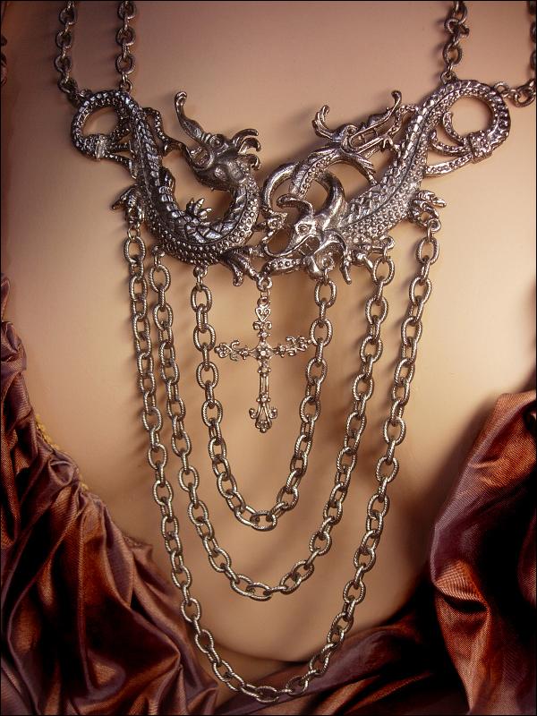 Huge Gothic Dragon medieval cross chandelier necklace statement necklace