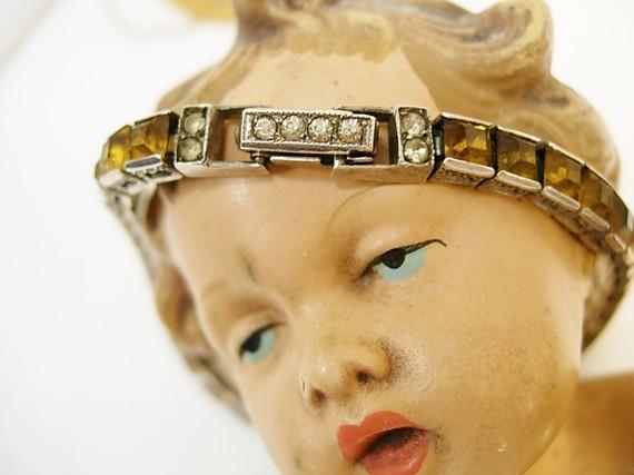 Vintage DECo Sterling citrine bracelet with fancy etchings and paste clasp
