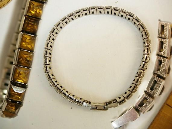 Vintage DECo Sterling citrine bracelet with fancy etchings and paste clasp