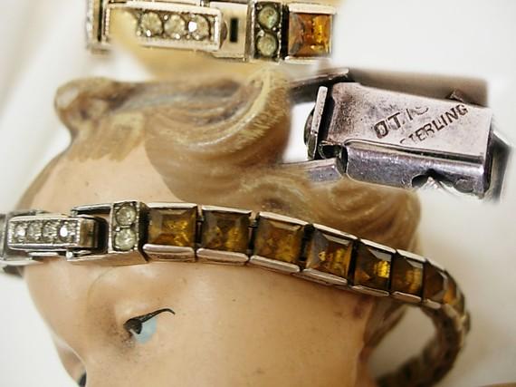 Vintage DECo Sterling citrine bracelet with fancy etchings and paste clasp