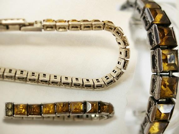 Vintage DECo Sterling citrine bracelet with fancy etchings and paste clasp