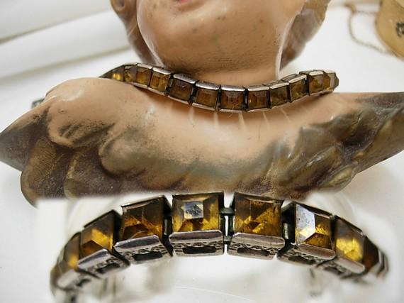 Vintage DECo Sterling citrine bracelet with fancy etchings and paste clasp