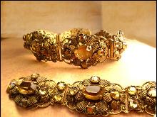 Antique Czech Bracelet golden topaz glass fancy filigree 7 1/2 long Extra long