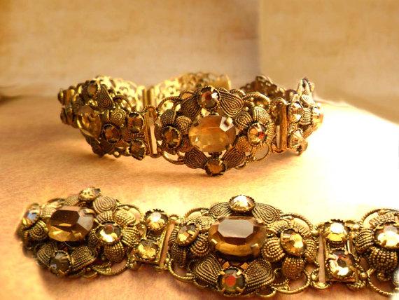 Antique Czech Bracelet golden topaz glass fancy filigree 7 1/2 long Extra long