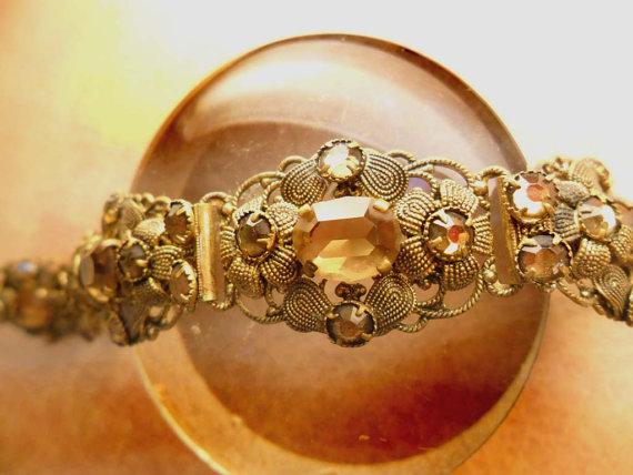 Antique Czech Bracelet golden topaz glass fancy filigree 7 1/2 long Extra long