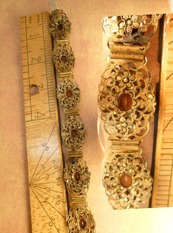 Antique Czech Bracelet golden topaz glass fancy filigree 7 1/2 long Extra long