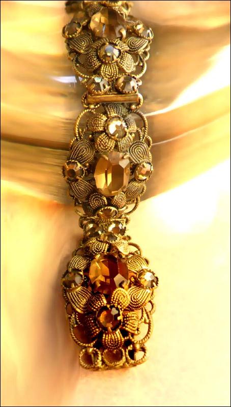 Antique Czech Bracelet golden topaz glass fancy filigree 7 1/2 long Extra long
