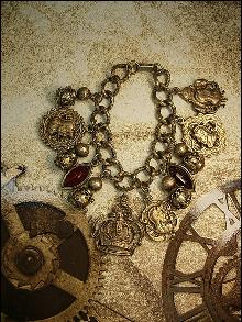 Vintage MEdieval Charm bracelet Knight Fobs Crown Charms rhinestone drops