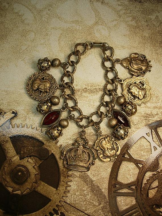 Vintage MEdieval Charm bracelet Knight Fobs Crown Charms rhinestone drops