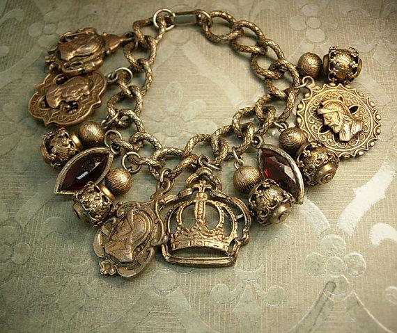 Vintage MEdieval Charm bracelet Knight Fobs Crown Charms rhinestone drops