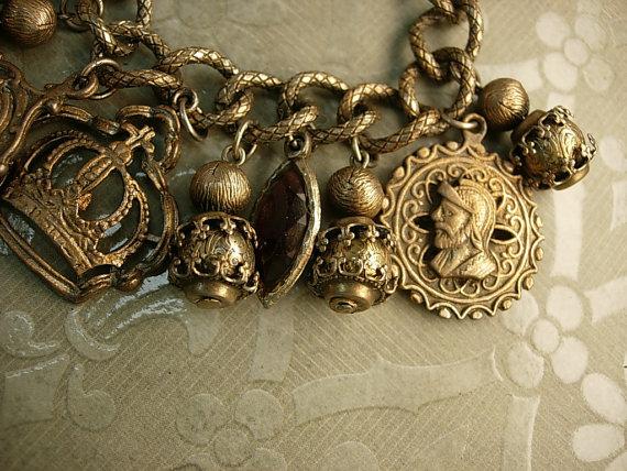 Vintage MEdieval Charm bracelet Knight Fobs Crown Charms rhinestone drops
