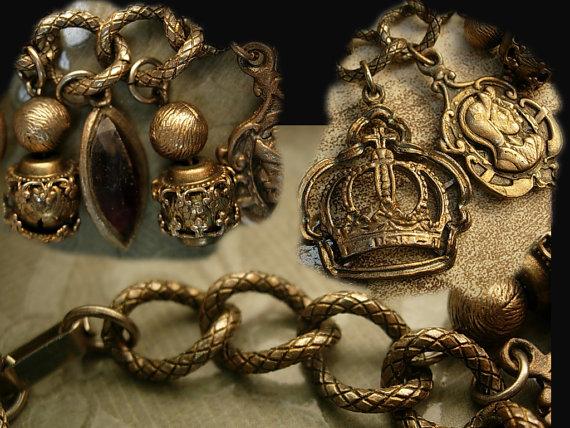 Vintage MEdieval Charm bracelet Knight Fobs Crown Charms rhinestone drops
