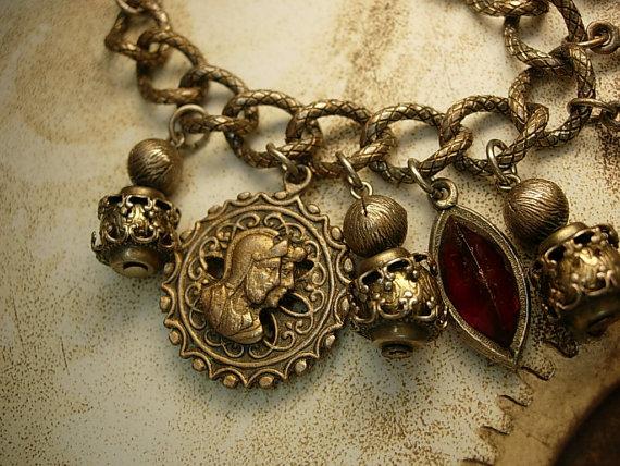 Vintage MEdieval Charm bracelet Knight Fobs Crown Charms rhinestone drops