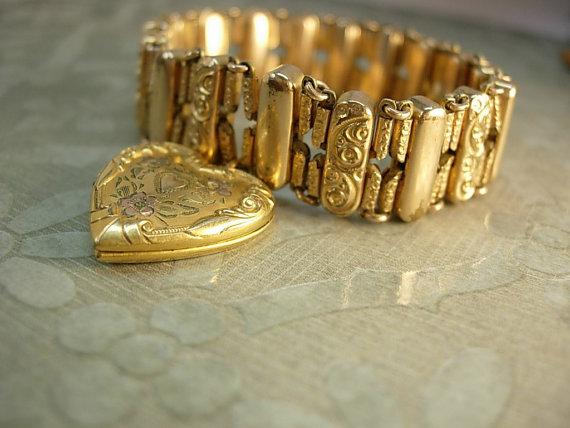 ANtique Rose gold Victorian bracelet Heart locket bracelet mixed metal gold filled charm bracelet
