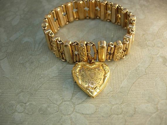 ANtique Rose gold Victorian bracelet Heart locket bracelet mixed metal gold filled charm bracelet