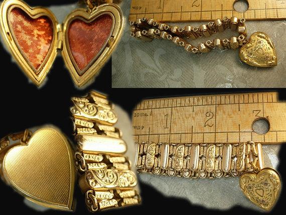 ANtique Rose gold Victorian bracelet Heart locket bracelet mixed metal gold filled charm bracelet