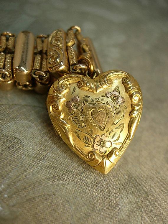 ANtique Rose gold Victorian bracelet Heart locket bracelet mixed metal gold filled charm bracelet