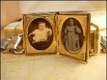 Vintage Bookchain bracelet Locket bracelet with victorian children Purple lava glass top
