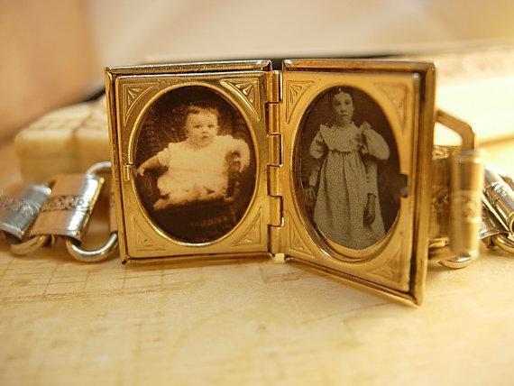 Vintage Bookchain bracelet Locket bracelet with victorian children Purple lava glass top