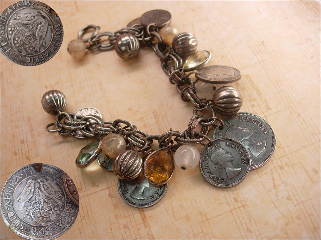 Vintage chunky Charm bracelet South african and Sweden coins and baubles