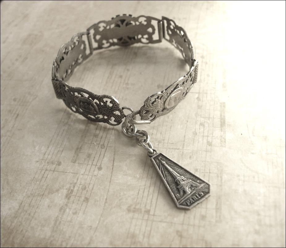 Vintage French Depose Deco sterling Paris fob Bracelet hinged tourist bracelet Eiffel tower fob