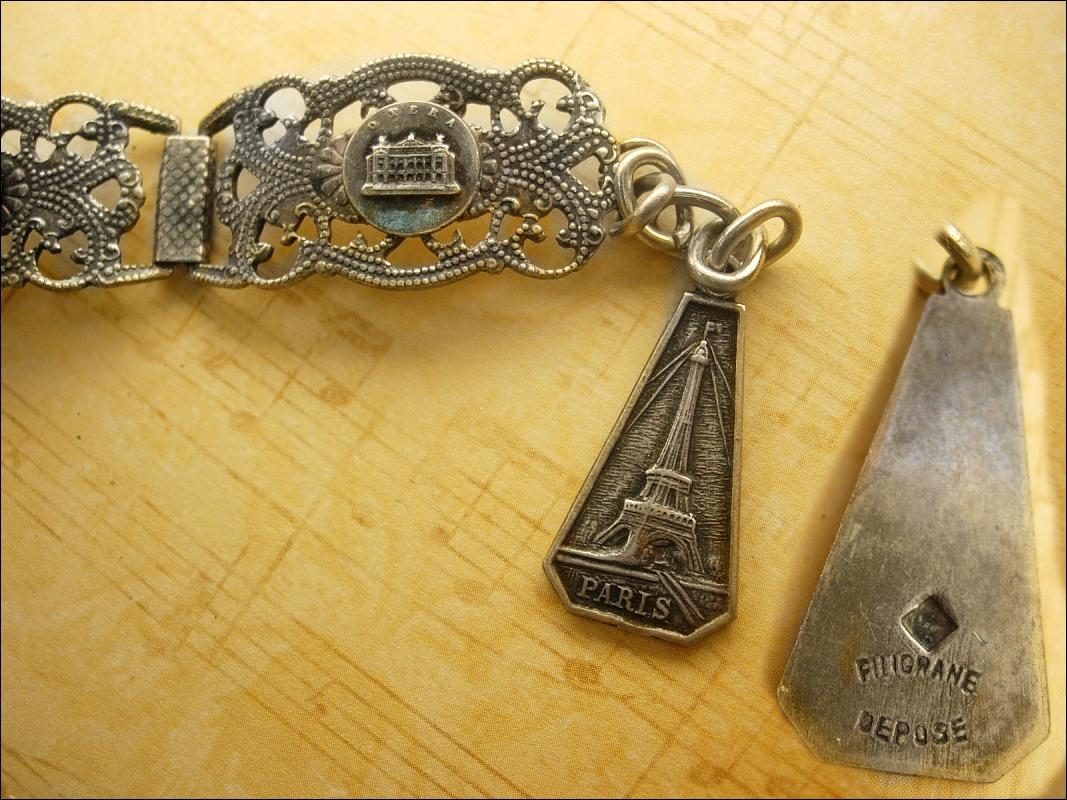 Vintage French Depose Deco sterling Paris fob Bracelet hinged tourist bracelet Eiffel tower fob