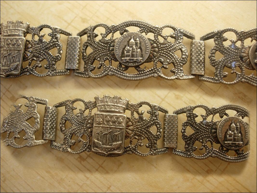 Vintage French Depose Deco sterling Paris fob Bracelet hinged tourist bracelet Eiffel tower fob